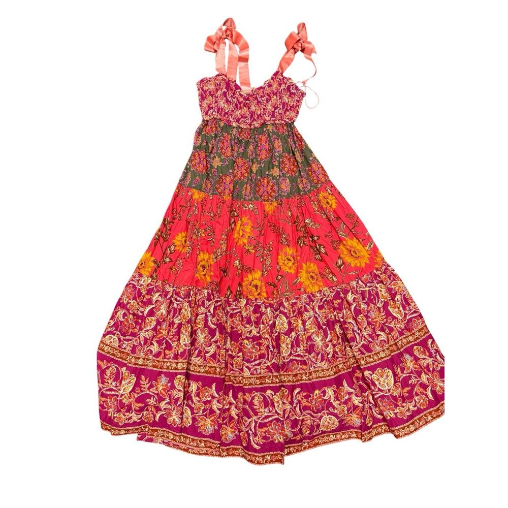 Free People Bluebell Maxi Dress L Floral Smocked Tiered Cotton Boho - Picture 6 of 10